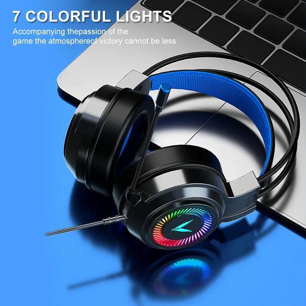 Auriculares gaming negros con diadema azul y anillo LED RGB en la copa