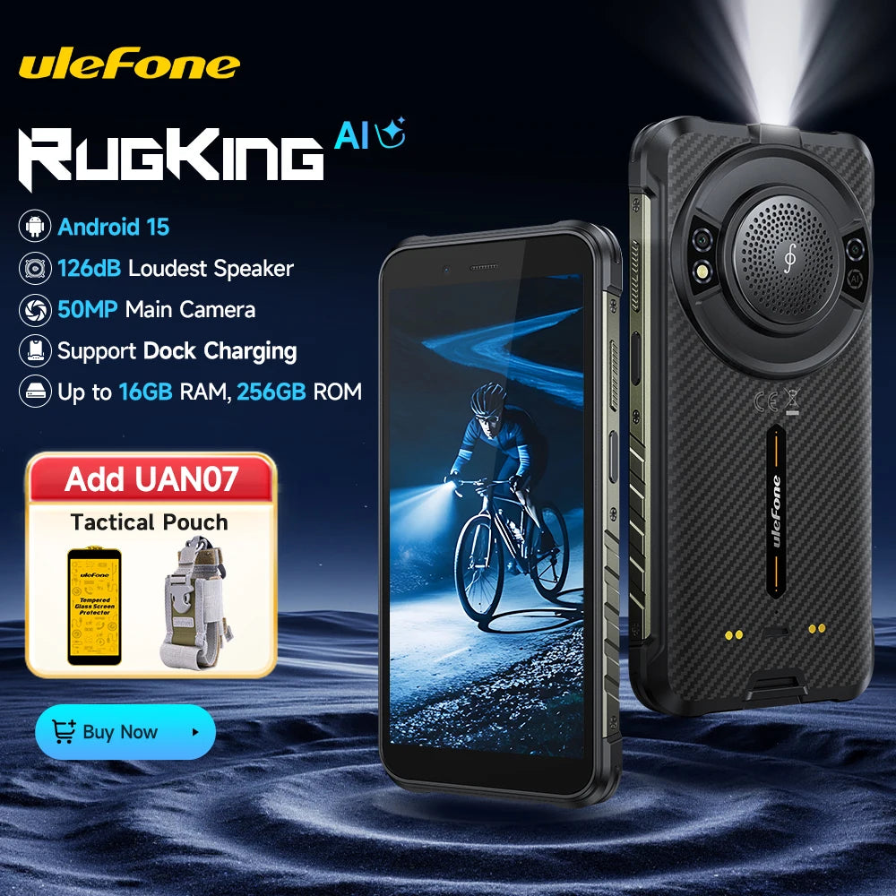 Smartphone ultrarresistente Ulefone RugKing 4G, Android 15, hasta 16GB RAM+256GB ROM, 9600mAh, NFC, pantalla de 5.99", altavoz potente, teléfono resistente al agua