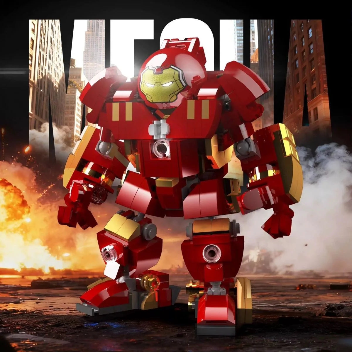 Robot mecha de bloques rojo con casco y detalles dorados, figura para escritorio MOC