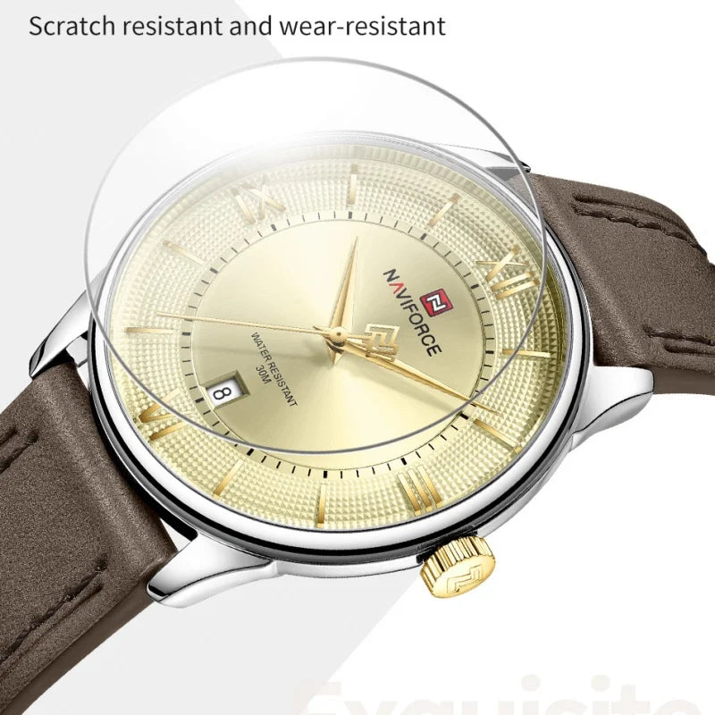 Reloj de cuarzo para hombre NAVIFORCE de negocios, resistente al agua 3ATM, correa de cuero auténtico, visualización de fecha, reloj de pulsera para hombre, caja de regalo