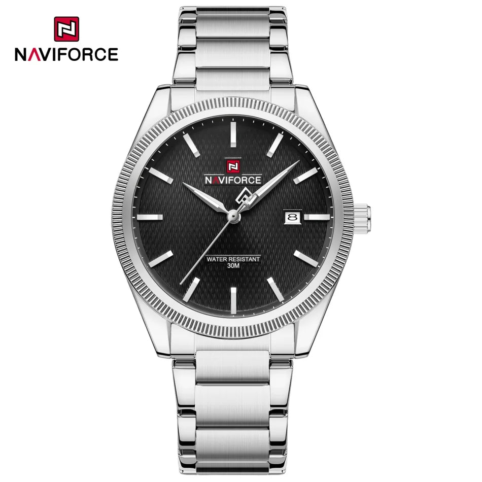 Reloj de cuarzo casual para hombre NAVIFORCE con movimiento luminoso, correa de acero inoxidable, pantalla de manecillas y resistencia al agua de 3ATM