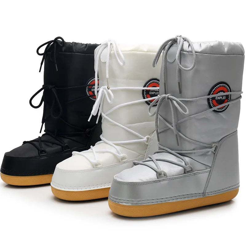 Botas de nieve de invierno para mujer, botas de esquí esponjosas y peludas con cordones, plataforma plana de media pantorrilla con botas de esquí blancas, 2024