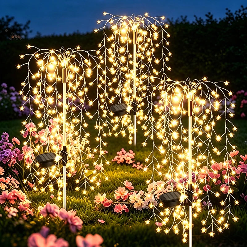 Lámpara solar tipo sauce de fuegos artificiales, 200 LED, decoración de jardín para exteriores, luces solares de fuegos artificiales para caminos, patios, camping y decoración ambiental