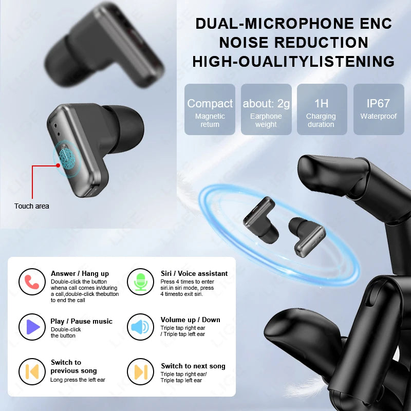 LIGE TWS Smart Watch with Earbuds 1.85" IPS Screen BT Call Heart Rate Sleep Monitor Waterproof Sports Smartwatch for Android iOS