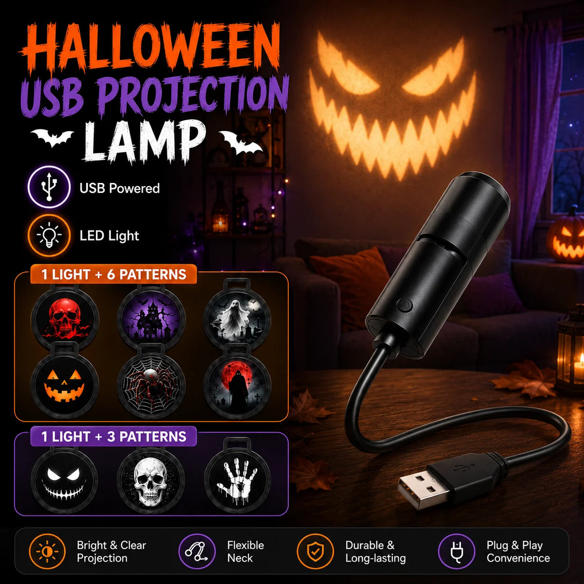 Lámpara de proyección USB de Halloween con 3 o 6 diapositivas de patrones, luz LED de fantasma, murciélago, calavera y araña para decoración de fiestas, dormitorios y festividades