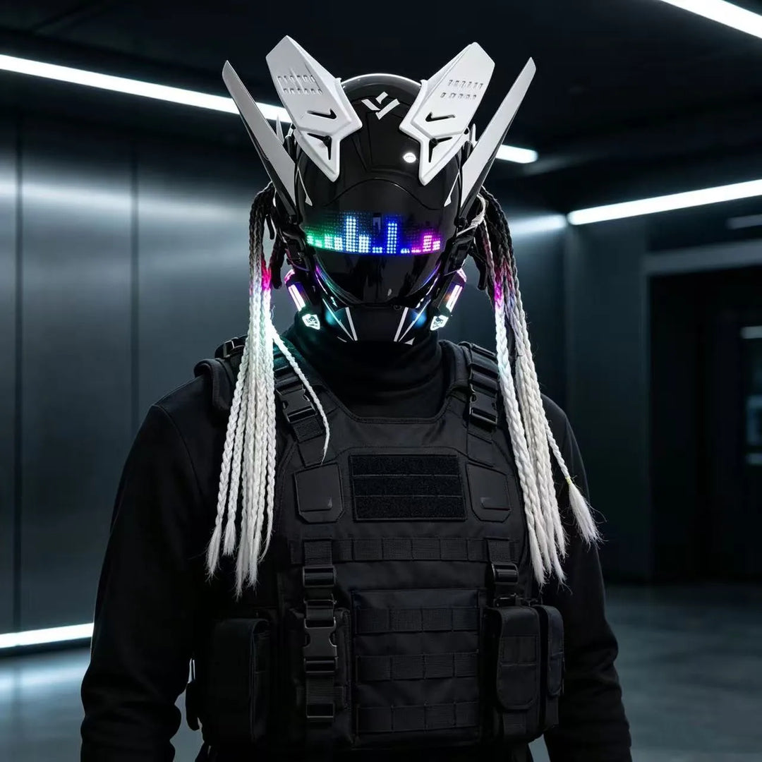 Cyberpunk máscara futurista Techwear, decoración de casco de Cosplay de Halloween con trenza ligera y sucia, Caballero de estilo guerrero japonés Sty