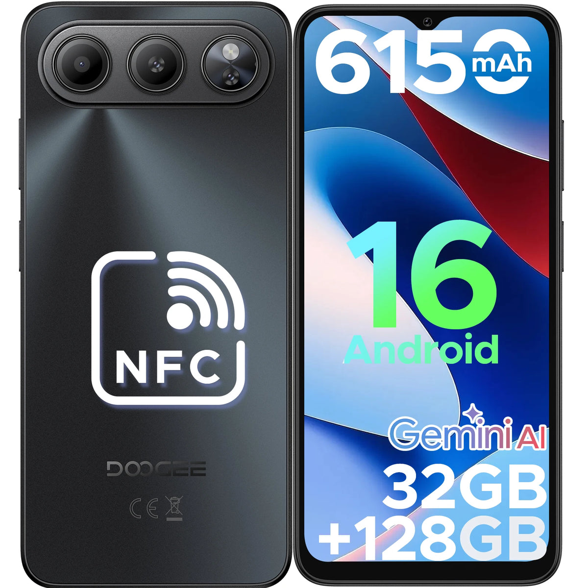 Smartphone DOOGEE Note 60 Android 16, Inteligencia Artificial Gemini, batería de 6150 mAh, 6,56 pulgadas, 32 GB de RAM (3 GB + 29 GB), 128 GB de ROM, cámara principal de 13 MP, compatible con NFC y Google Pay