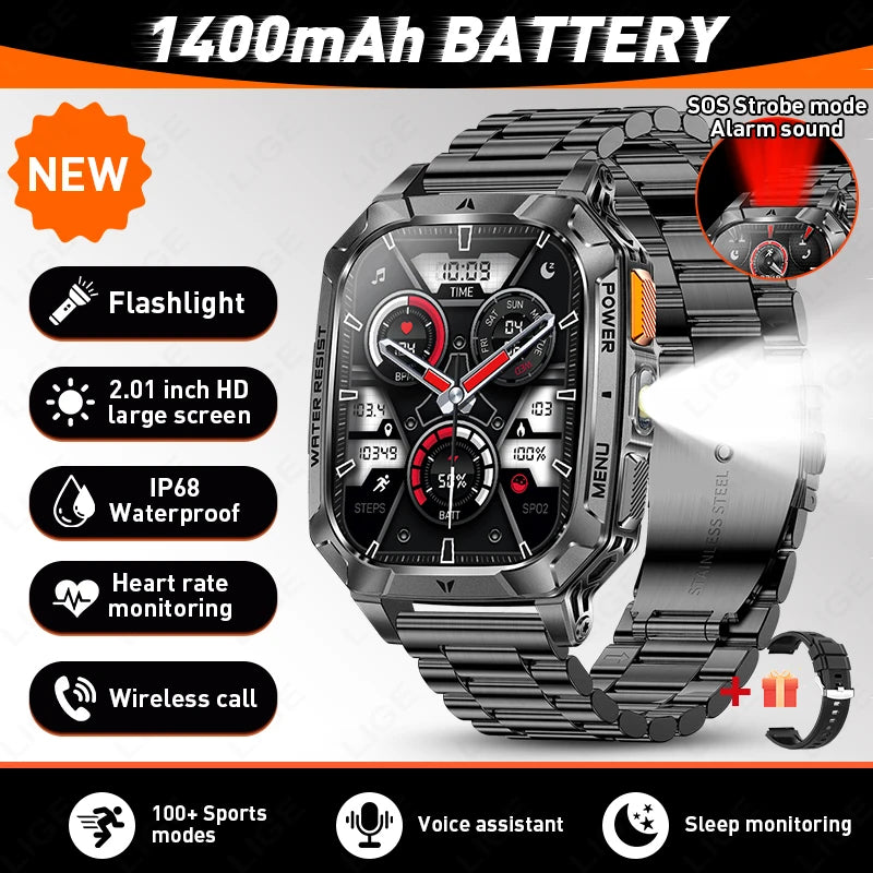 Reloj inteligente militar LIGE de 1400 mAh con batería de larga duración, pantalla HD de 2.01", linterna LED y luz SOS, llamadas BT y monitor de salud para hombre