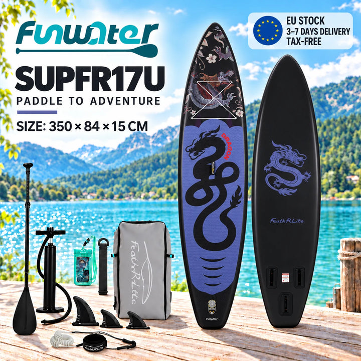 SUP hinchable Funwater SUPFR17U, 350x84x15 cm, 180 kg+, tabla de paddle surf negra y morada con diseño de dragón para yoga, pesca y paseos por lagos y bahías tranquilas, kit de accesorios incluido