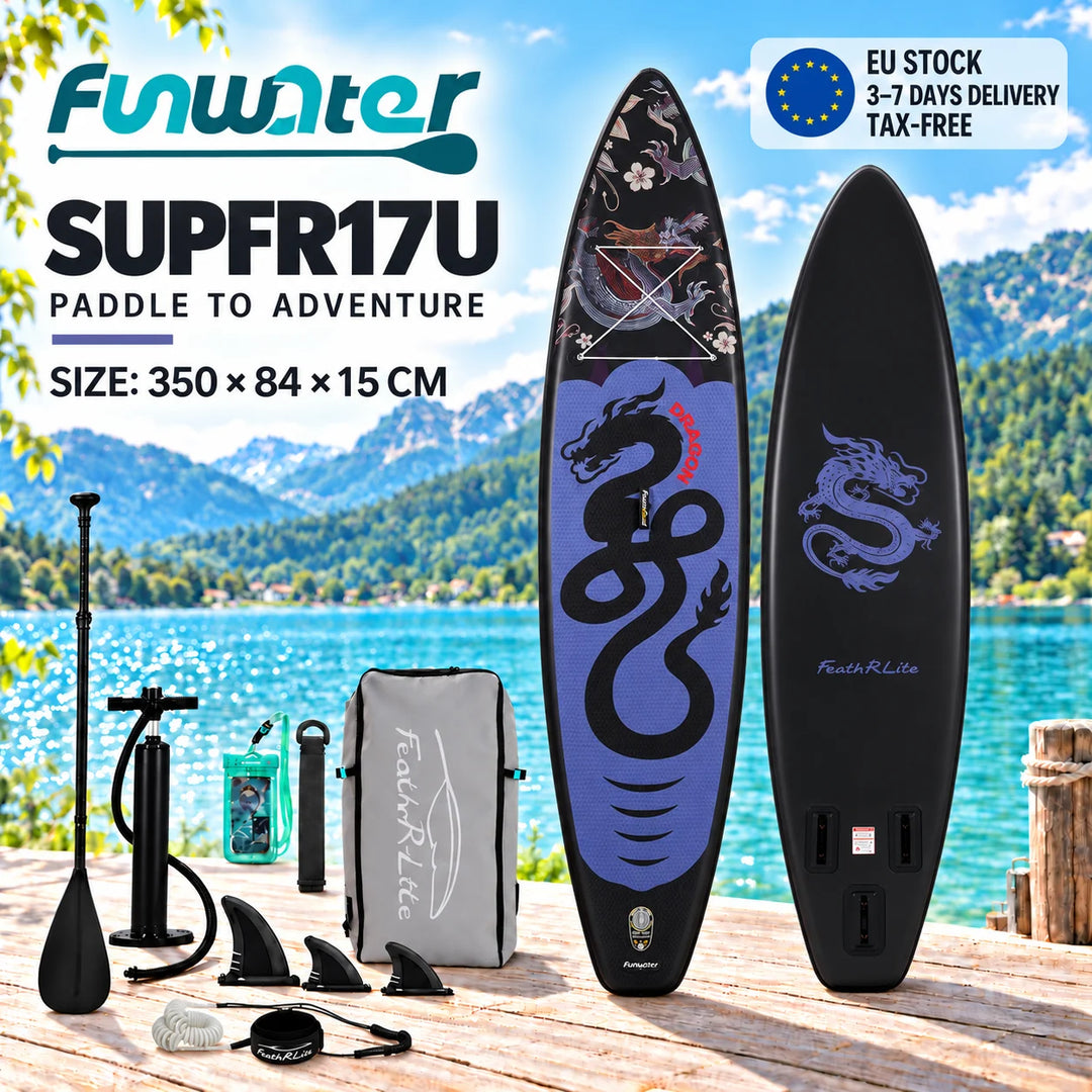 SUP hinchable Funwater SUPFR17U, 350x84x15 cm, 180 kg+, tabla de paddle surf negra y morada con diseño de dragón para yoga, pesca y paseos por lagos y bahías tranquilas, kit de accesorios incluido