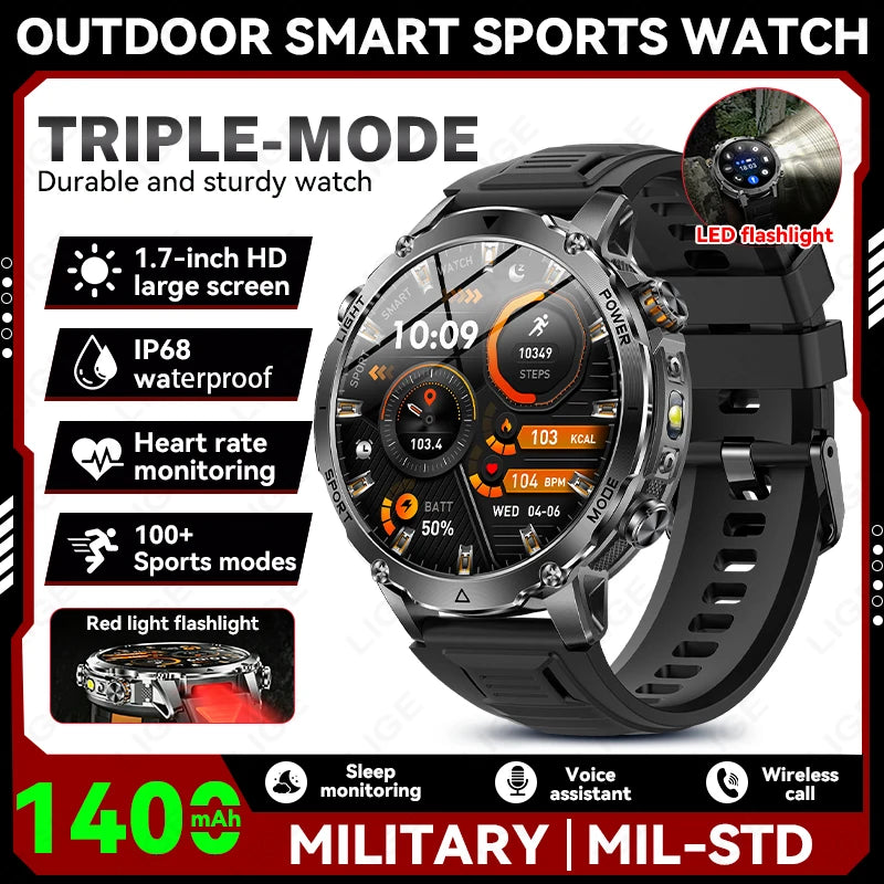 Reloj inteligente deportivo con batería ultra grande de 1400 mAh, frecuencia cardíaca, linterna táctica potente, resistente al agua 10ATM y llamadas para hombre