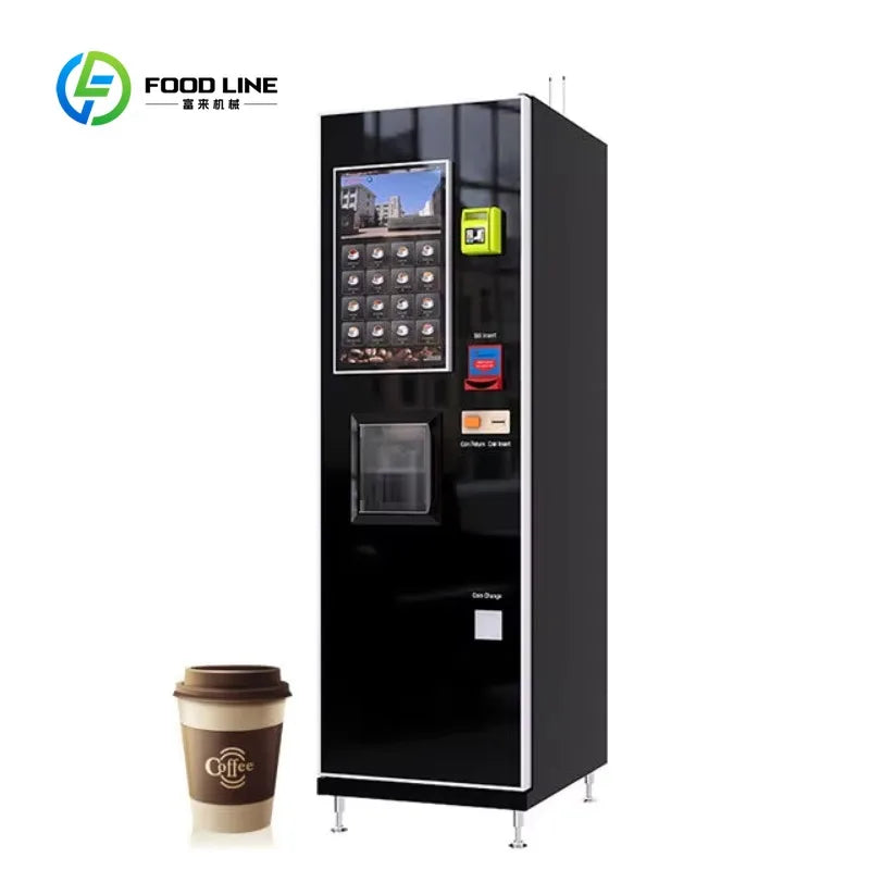 Máquina automática de café negra con dispensador frontal y pantalla de selección