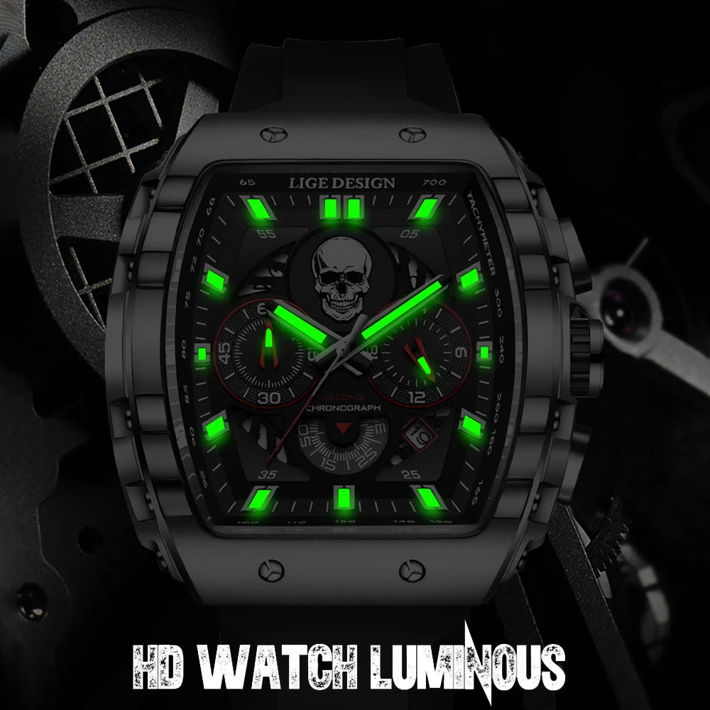 Reloj de hombre marca LIGE con esfera de calavera esqueleto, reloj deportivo militar para hombre, reloj de pulsera de cuarzo impermeable, casual, de moda y de lujo + caja
