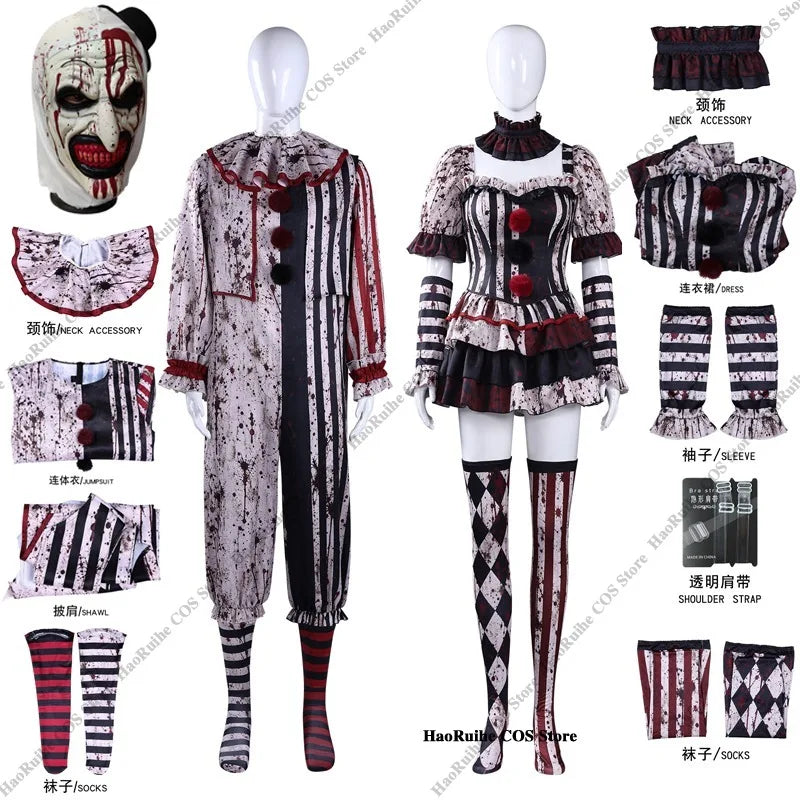 Nuevo Disfraz de Cosplay de Art the Clown de Terrifier, Máscara, Calcetines, Mono para Hombre, Disfraz de Terror para Mujer, Traje para Halloween, Carnaval y Fiestas