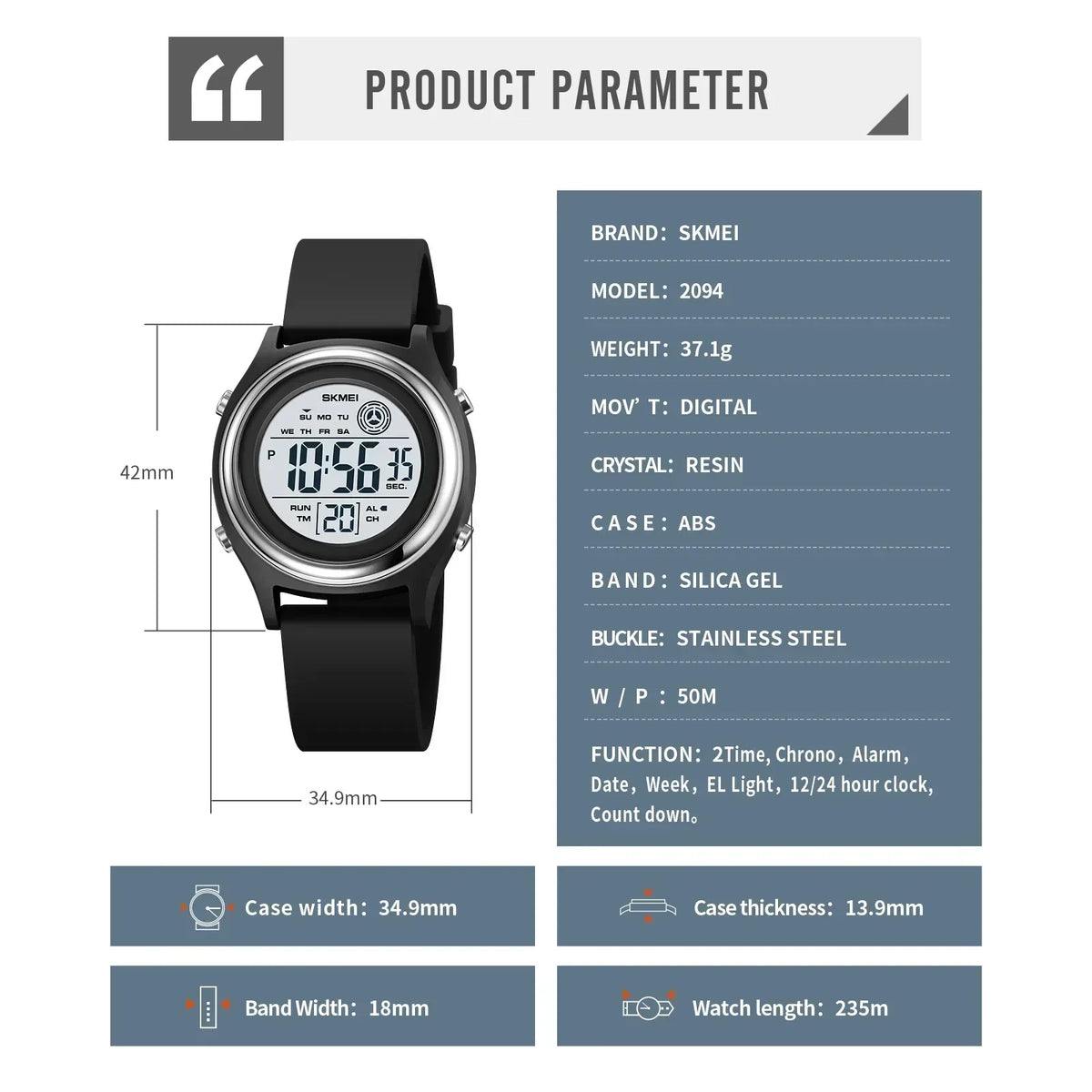 SKMEI Lujo Impermeable Resistente a Golpes Deportivo con Cuenta Regresiva Reloj Digital de Pulsera para Mujer Cronómetro Señora Niña Relojes 2094