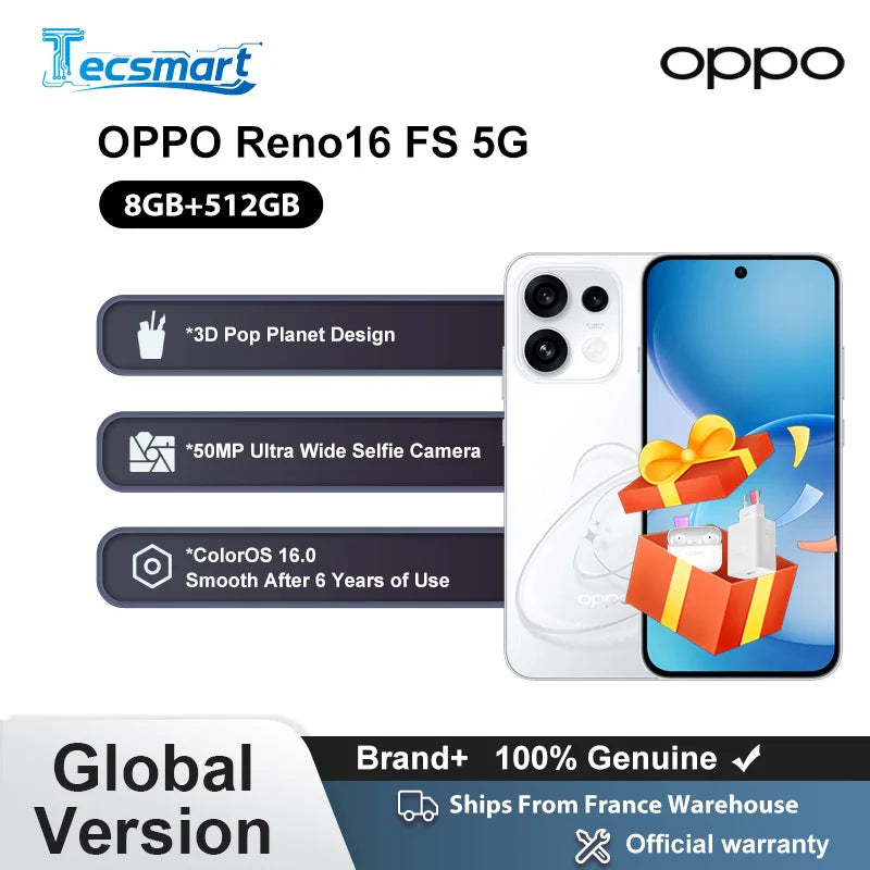 Smartphone - OPPO Reno16 FS 5G 8GB+512GB, collage AI Remix, cámara selfie ultra gran angular de 50 MP, ColorOS 16.0, batería de 6500 mAh