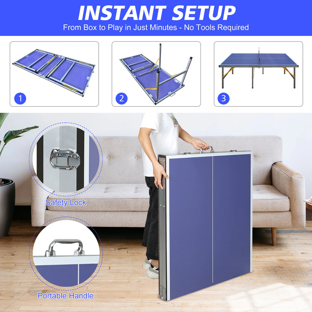 Mesa de ping-pong plegable con red, 2 palas y 3 pelotas - Panel azul de alta densidad, diseño estable de 6 patas, portátil para uso en interiores/exteriores, para niños y adultos