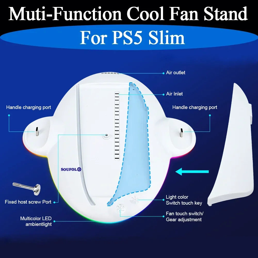 RGB Vertical Stand Charging Dock For PS5 Slim Muti-function Cooling Fan Stand With LED Light For PS5 Slim Console Accessories