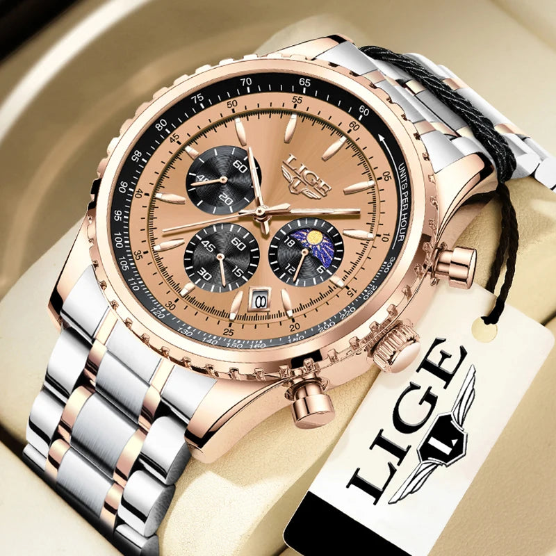 Reloj para hombre LIGE, nuevo reloj de acero completo, resistente al agua, luminoso, de cuarzo, de moda, militar, con fecha y cronógrafo.