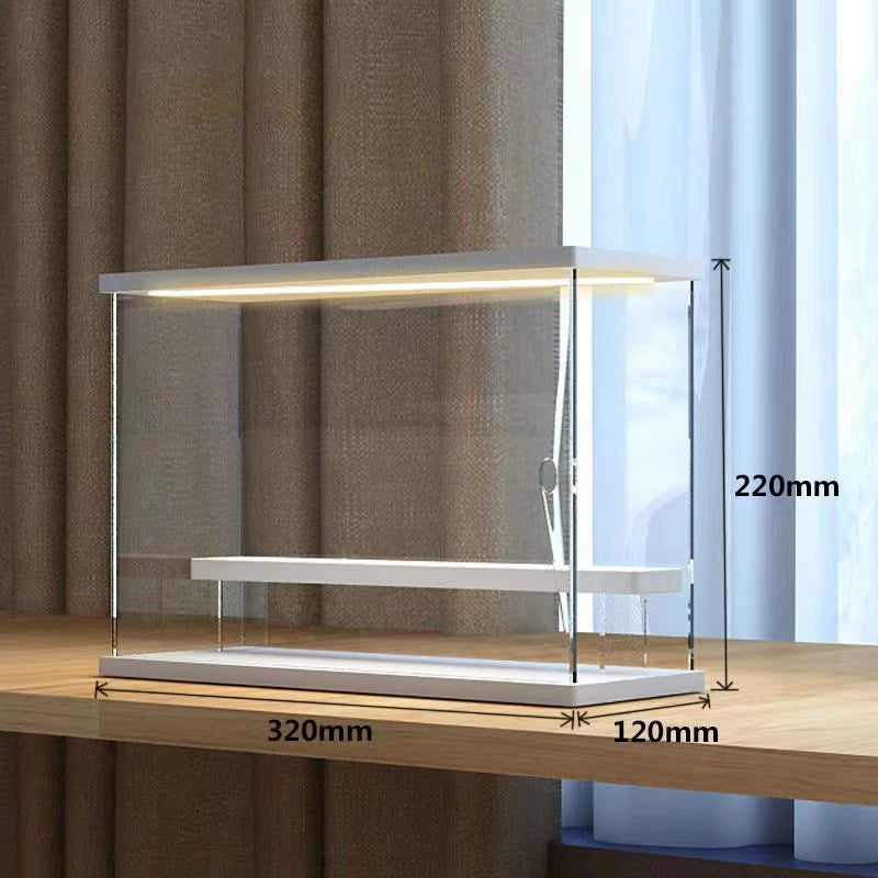 Vitrina de acrílico transparente para figuras con luces LED, caja de almacenamiento a prueba de polvo con escalones, expositor para juguetes y modelos de coches
