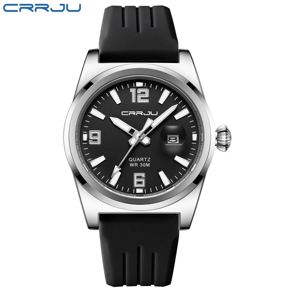 Reloj de pulsera de cuarzo casual CRRJU de moda, resistente al agua, para hombre, con correa de silicona deportiva, manecillas luminosas.