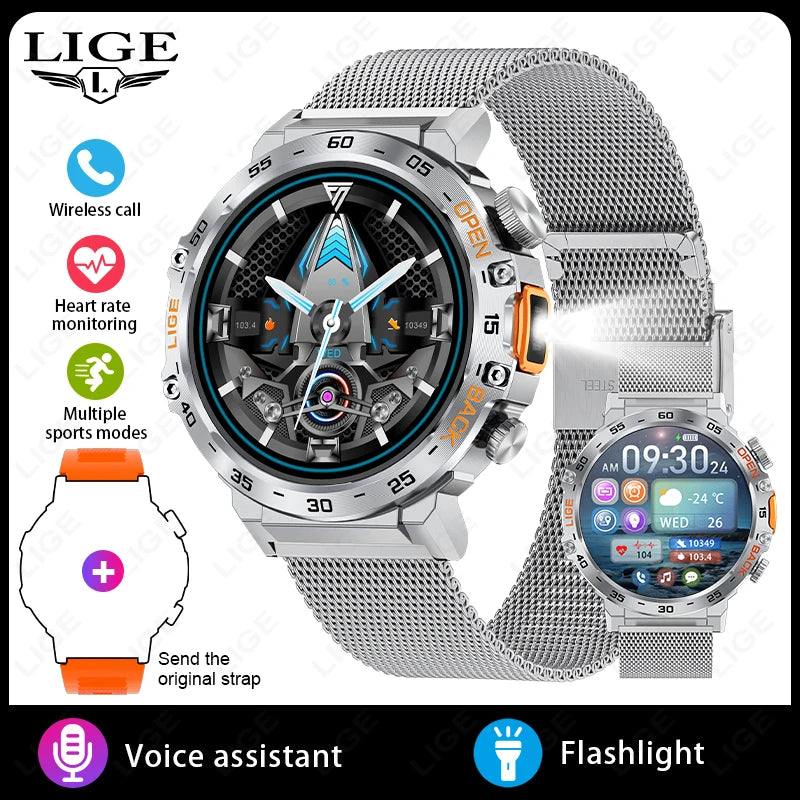 LIGE 2026 Smart Watch Men Sport Watches LED Flashlight 360*360 Ultra HD Screen Waterproof Fitness Bluetooth Call Men Smartwatch