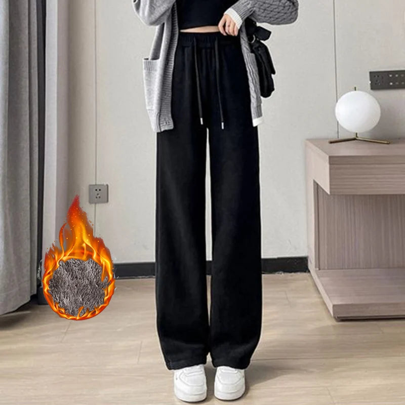 Pantalones térmicos de felpa para niñas, de cintura alta, ideales para el invierno, pantalones de terciopelo cálidos para la nieve, pantalones de mujer, de diseño moderno, cómodos y de corte recto.