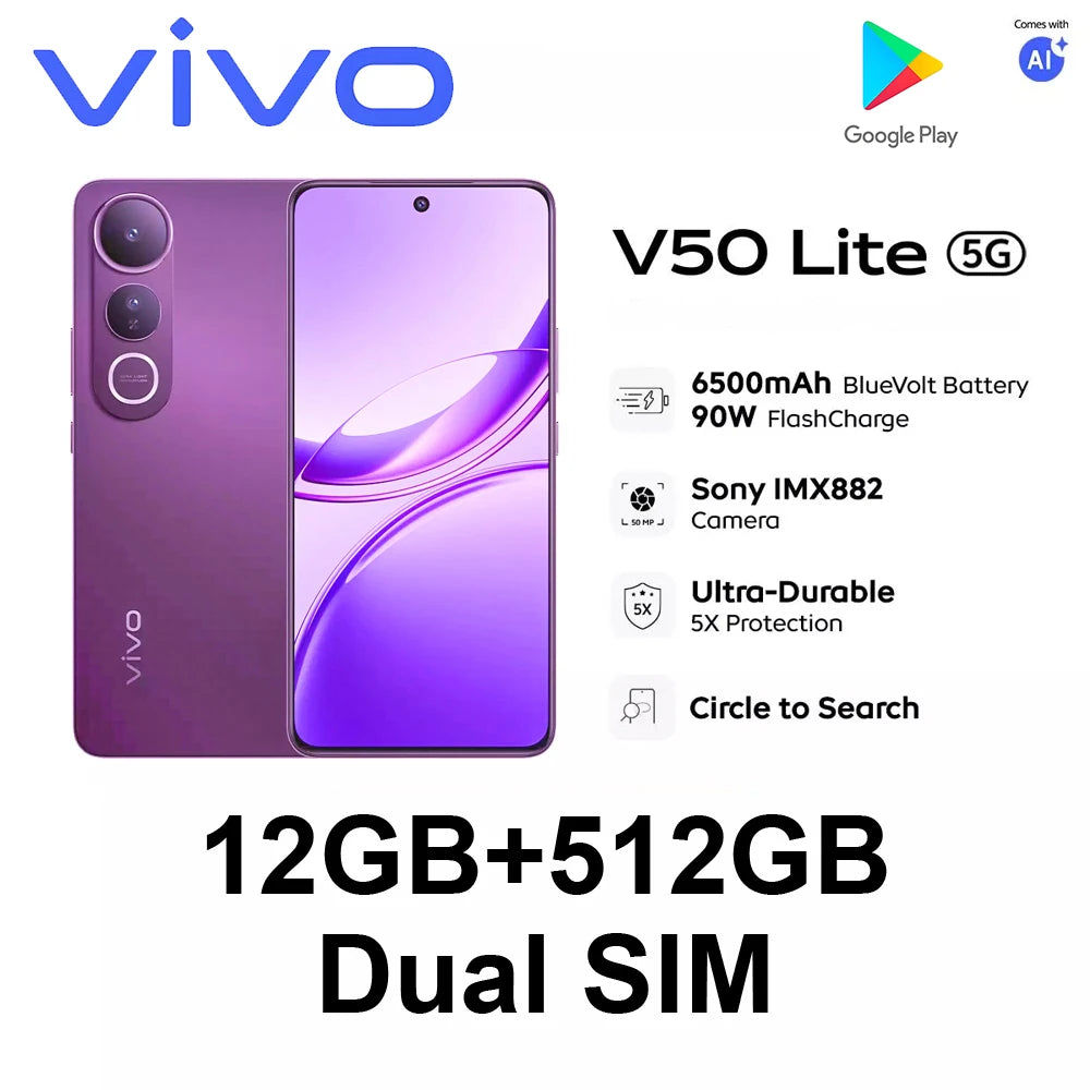 Smartphone VIVO V50 Lite 5G Versión Global 100% Original, pantalla AMOLED de 6.67" a 120Hz, Android 15, compatible con Google Play