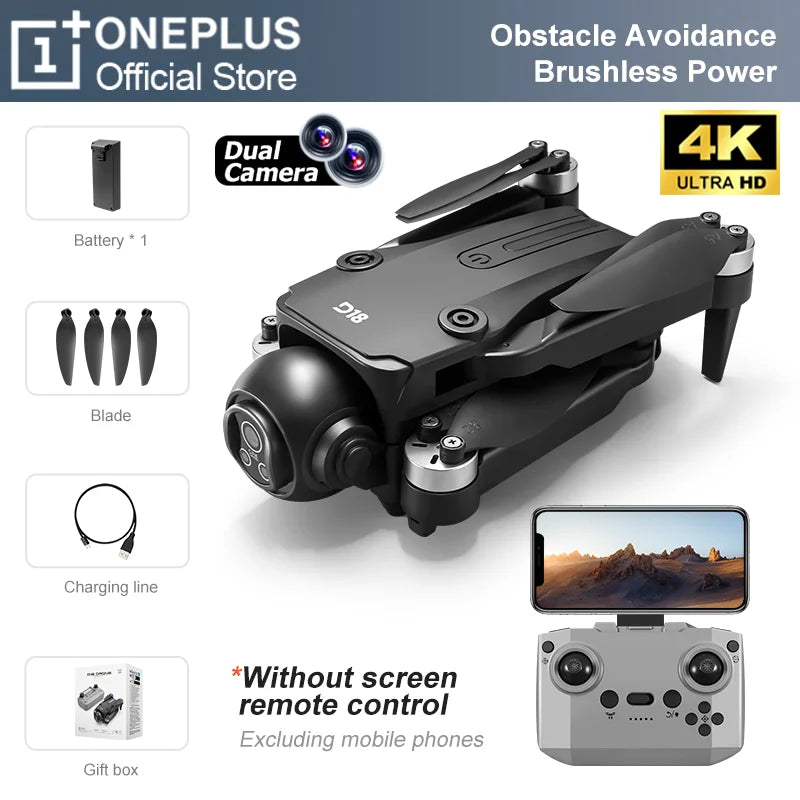 Dron OnePlus D18 con Cámara Dual 8K Aérea HD, Evitación Inteligente de Obstáculos, Motor sin Escobillas, GPS de Retorno y Control Remoto con Pantalla
