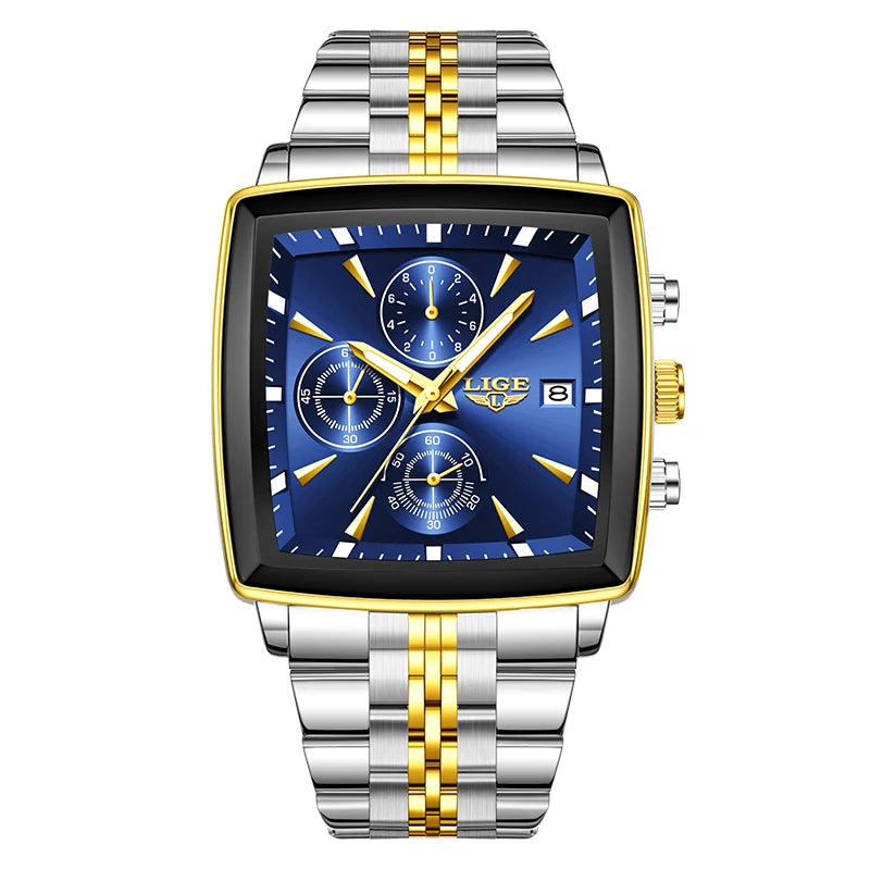 Relojes de lujo LIGE para hombre, esfera cuadrada, acero inoxidable, resistente al agua, luminoso, fecha automática, cronógrafo, reloj de cuarzo para hombre + caja