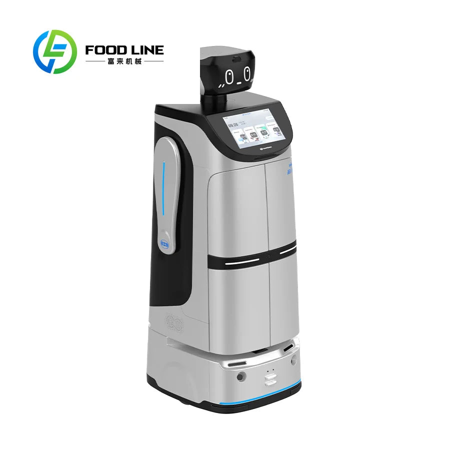 Robot de recepción automático con pantalla superior, cuerpo blanco y base con luz azul