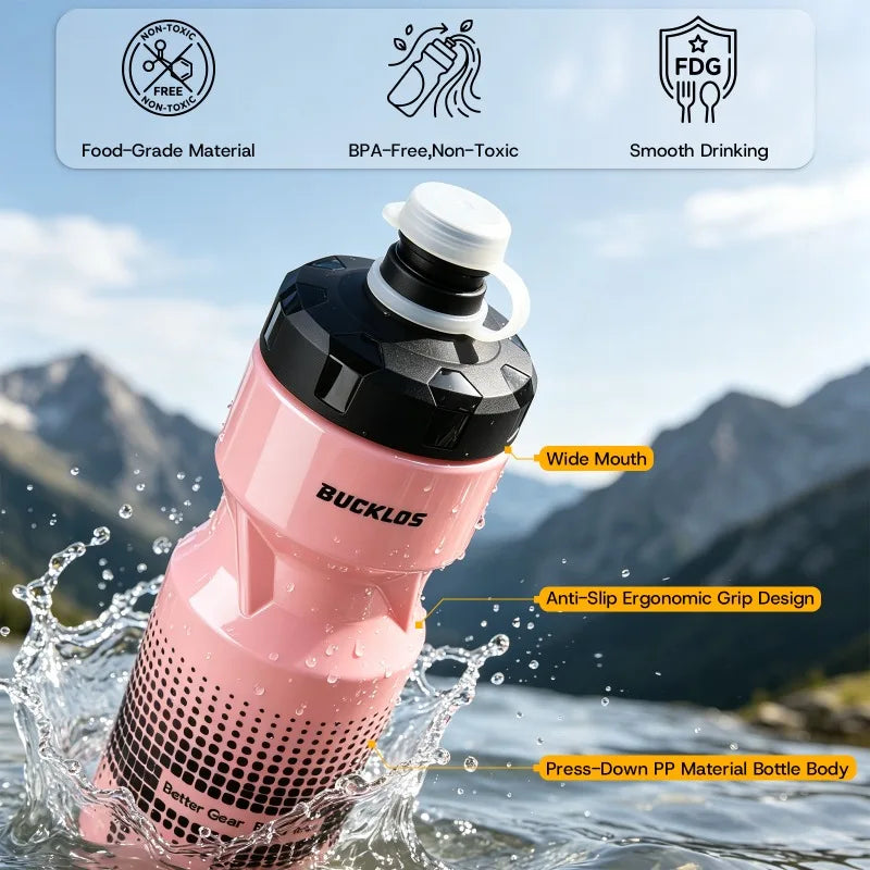 Botella de agua para bicicleta BUCKLOS de 710 ml, sin BPA, botella deportiva con sistema de apertura por compresión, a prueba de polvo y fugas, ideal para bicicletas de carretera y de montaña.