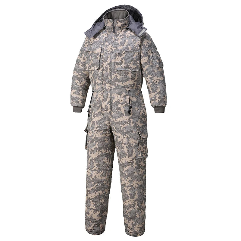 Mono impermeable de invierno para hombre y mujer, Parka de esquí de una pieza, mono, chaqueta de camuflaje para deportes al aire libre, monos cálidos con capucha