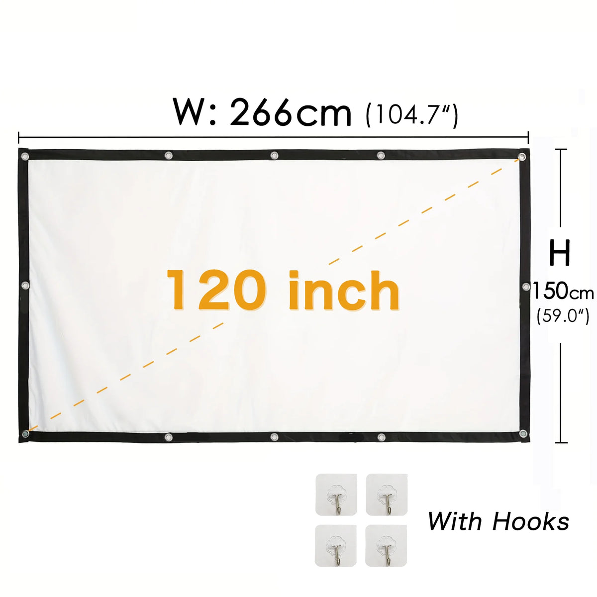 Pantalla de proyector 16:9 plegable blanca 120" con borde negro y ganchos
