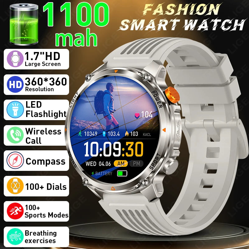 LIGE New Men Military Smart Watch Outdoor Compass 1100mAh Battery Flashlight 1.7"Display BT Call Waterproof Sports Smartwatches