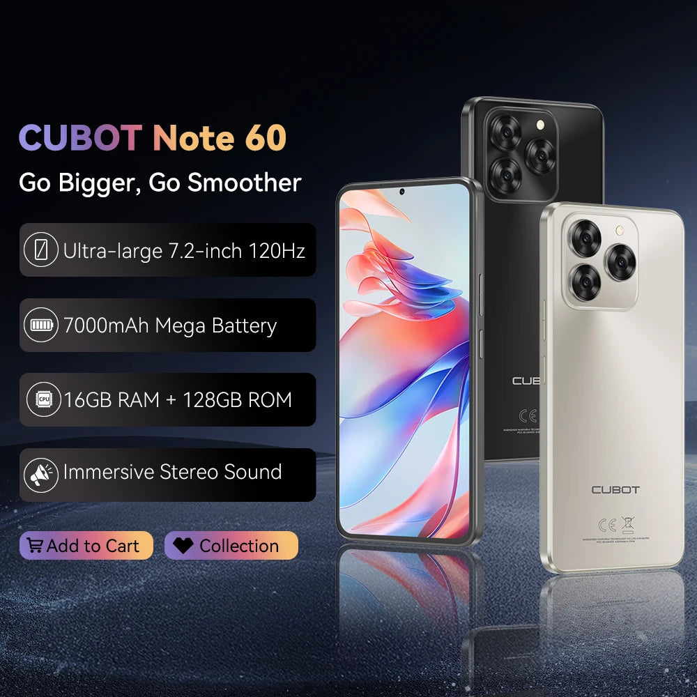 Smartphone Cubot Note 60, Android 15, pantalla de 7.2 pulgadas a 120Hz, procesador Octa-core, 16GB (6+10GB) de RAM, 128GB de ROM, cámara de 48MP, batería de 7000mAh
