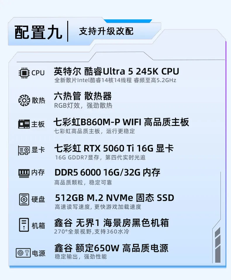 Computadora de escritorio 12400F 13400F 14400F 14600KF 265K 270K RTX5060Ti 16G, equipo de escritorio para montaje DIY