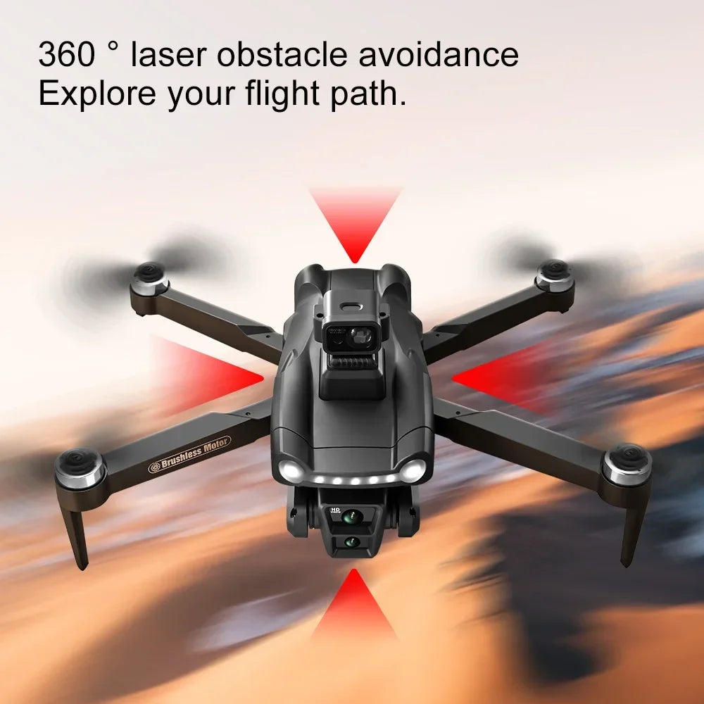 Dron plegable negro con sensor frontal y 4 hélices, vista cenital