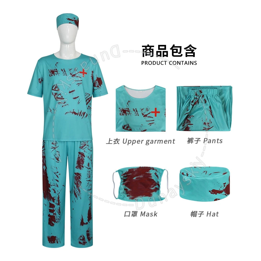 Disfraz de médico o enfermera con estampado de sangre, ideal para cosplay de terror, con gorro, para Halloween, unisex.