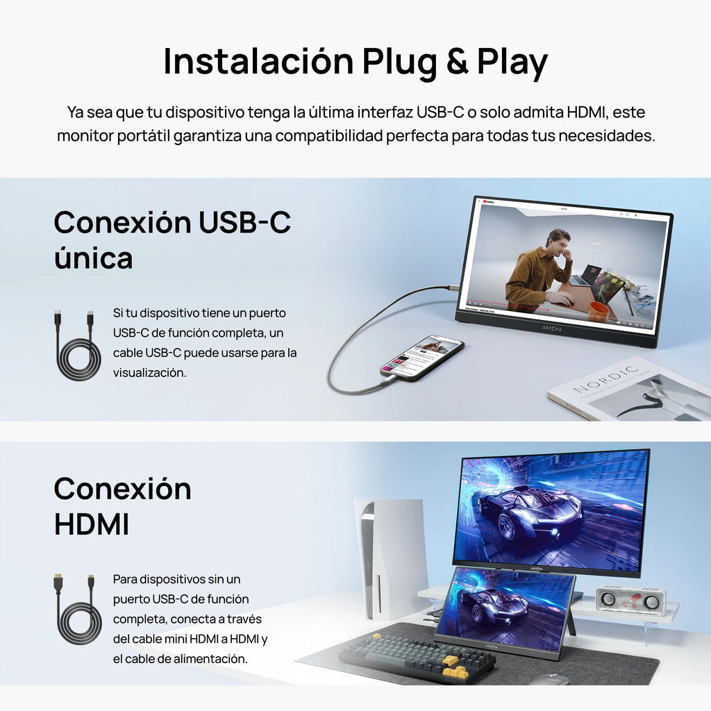 ARZOPA Monitor portátil de 15,6 pulgadas FHD 1080P IPS USB-C Mini-HDMI segunda pantalla externa para PC/MAC/teléfono/Xbox/PS A1
