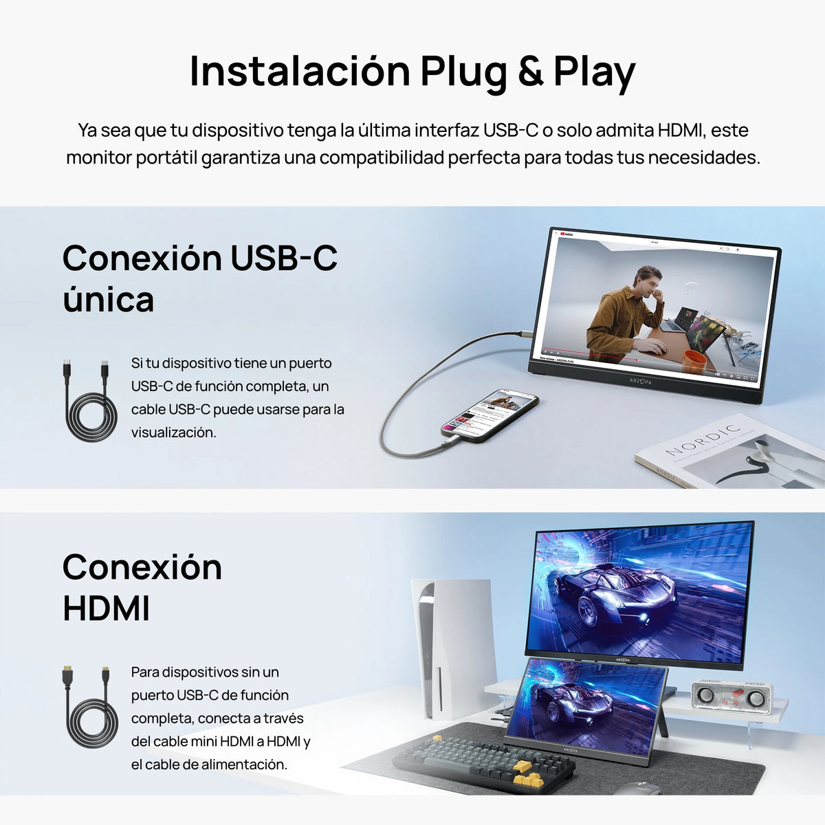 ARZOPA Monitor portátil de 15,6 pulgadas FHD 1080P IPS USB-C Mini-HDMI segunda pantalla externa para PC/MAC/teléfono/Xbox/PS A1