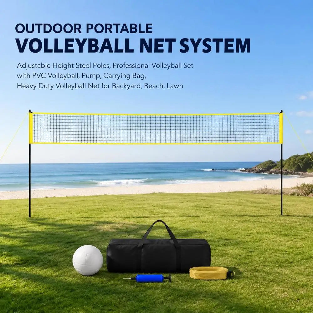 Set de voleibol portátil con postes de acero ajustables, red de polietileno, balón y bolsa de transporte, ideal para jugar al aire libre en la playa o en el jardín.