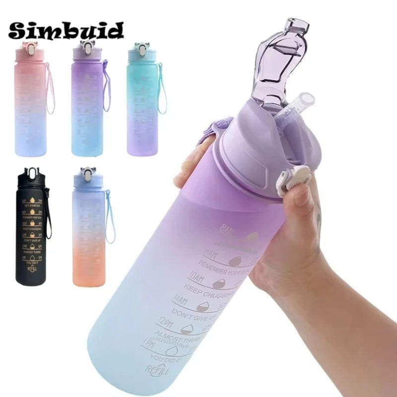 Botella deportiva de 600ML/750ML/1000ML con escala de tiempo, botella para beber de Color degradado para exteriores, taza de paja motivacional portátil para Fitness