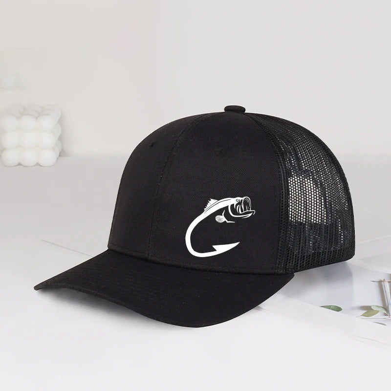 Gorra de camionero con estampado de anzuelo para pesca de lubina, ajustable, unisex, de malla, para pesca y protección solar