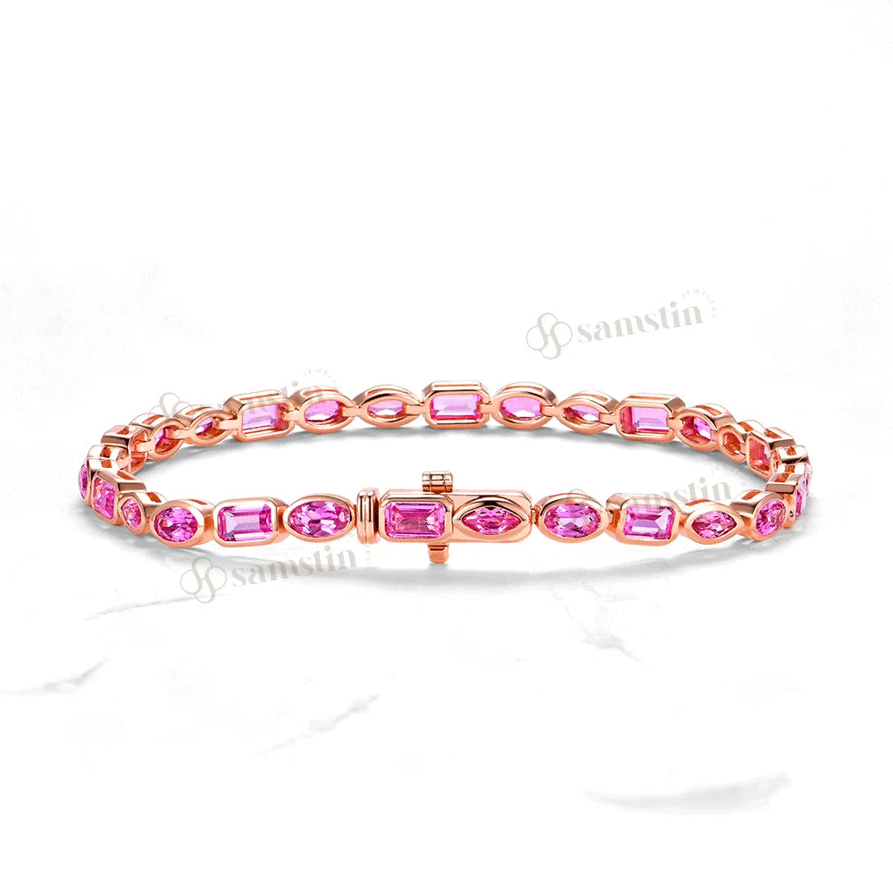 Pulsera de Tenis Kuololit con Zafiro Rosa y Esmeralda Marquise Oval de Laboratorio de 10CTW para Hombre y Mujer, Pulsera de Oro de 14K y 10K para Compromiso o Navidad