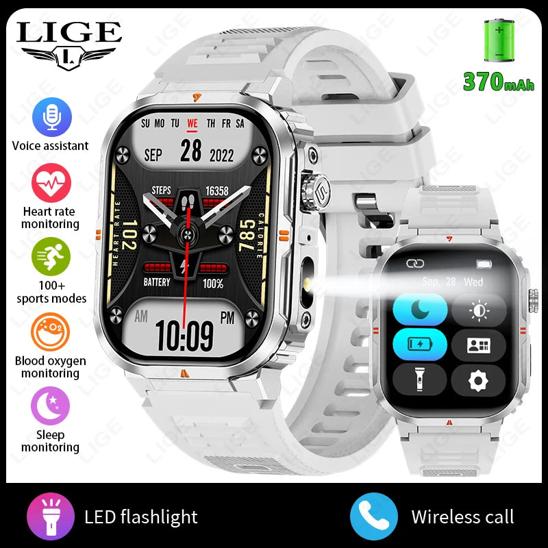 LIGE New Sports Smart Watch 2.01" HD Make Answer Call Voice Assistant Flashlight Outdoor 370mAh Battery Smartwatch For Men Women