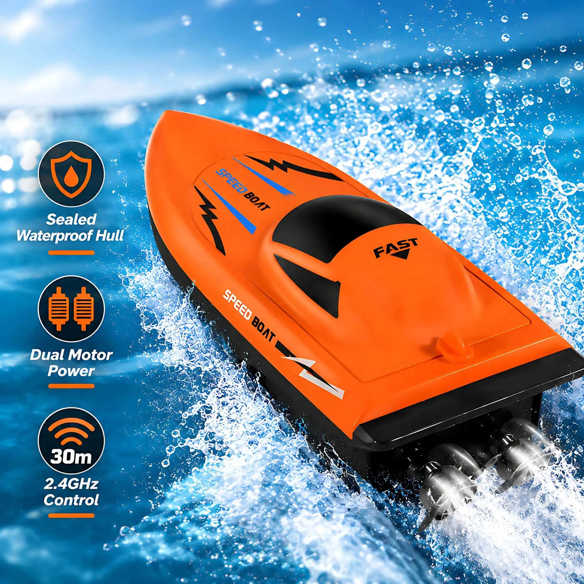 Lancha rápida a control remoto de 2.4G para niños – Juguete de barco RC eléctrico rápido con motor doble, modelo impermeable para piscinas y juegos al aire libre
