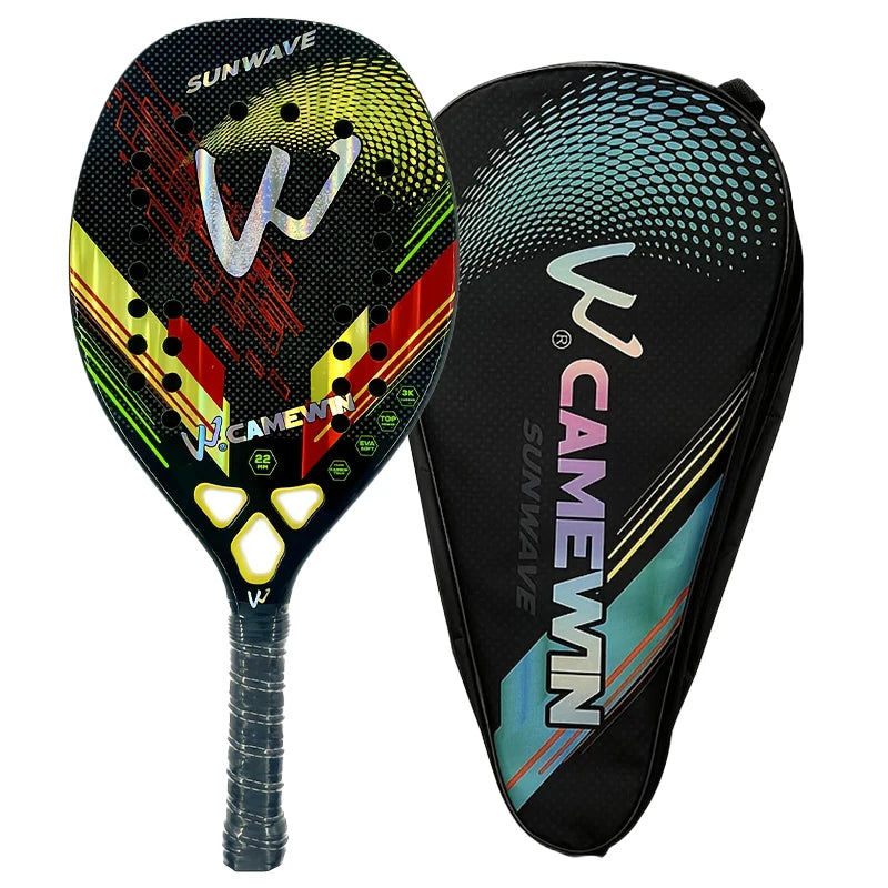 Raqueta de Pádel CAMEWIN SUNWAVE 3K de Fibra de Carbono, Superficie Rugosa, 320-330g, Raqueta de Tenis Playa con Bolsa de Almacenamiento