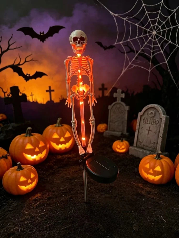 1 pieza de luces solares de esqueleto para jardín, luces LED impermeables para exteriores de color morado y naranja, luces con estaca para patio, camino, fiesta y decoración de terror