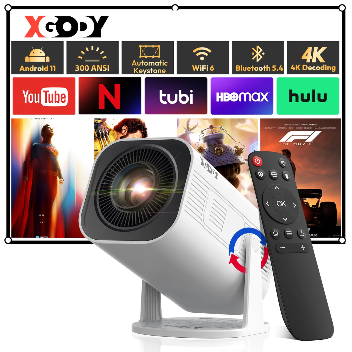 Proyector portátil blanco con lente frontal y control remoto incluido